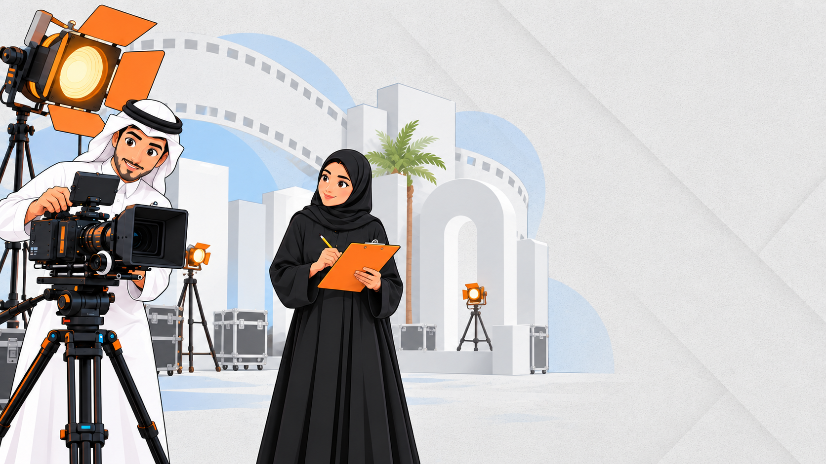 شاب قطري خلف كاميرا التصوير وشابة محجبة تحمل لوحة الأفكار على مسافة واضحة منه